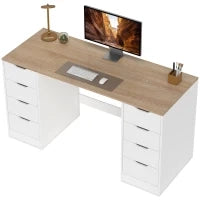 Scrivania con 8 cassetti, salvaspazio e stabile, 140 c, Bianco e Legno naturale