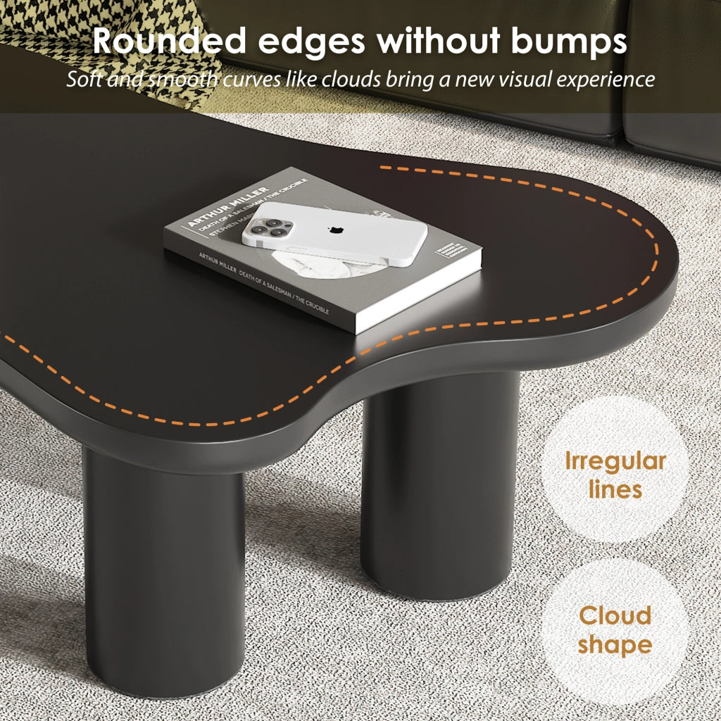 Tavolino da caffè con piano sagomato e 3 gambe; per soggiorno; in MDF; nero; 107×66×40.5 cm