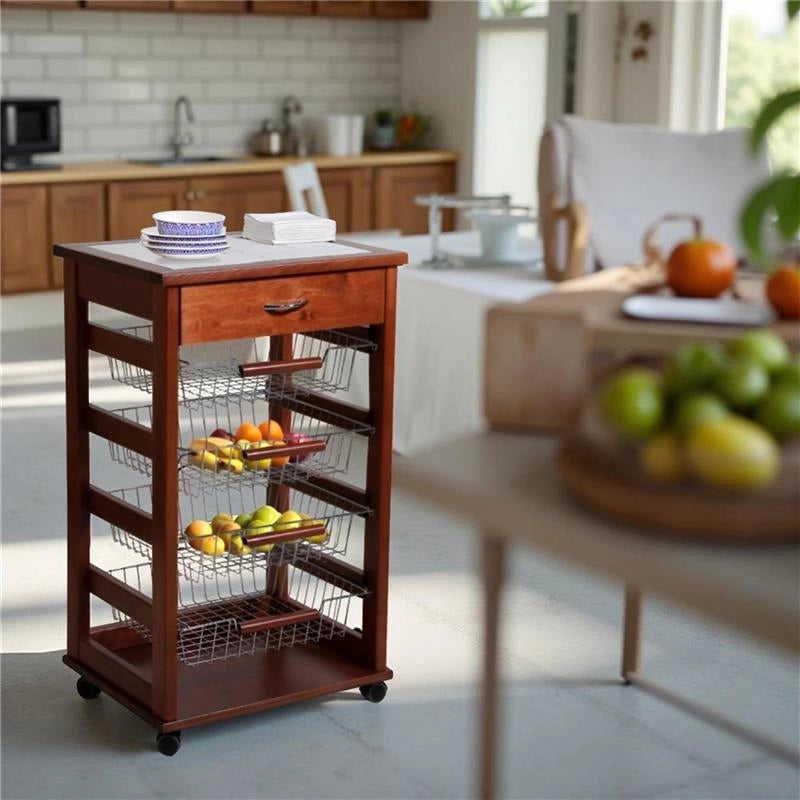 CARRELLO VESUVIO CON CASSETTO CILIEGIO INTERAMENTE IN FAGGIO E BASE INFERIORE IN BETULLA 1 CASSETTO PIANO MATTONELLE IN CERAMICA