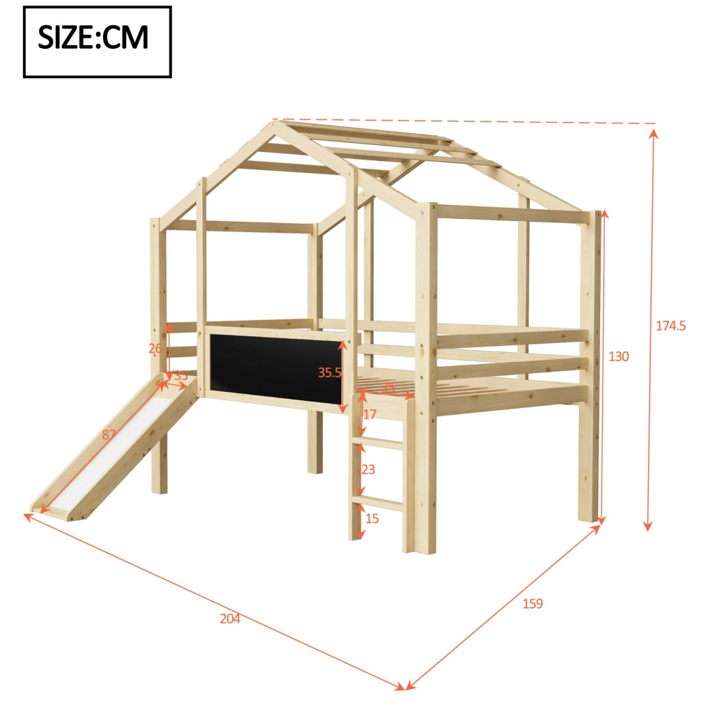 Letto a soppalco per bambini 90x200 cm in legno massello con scivolo e lavagna