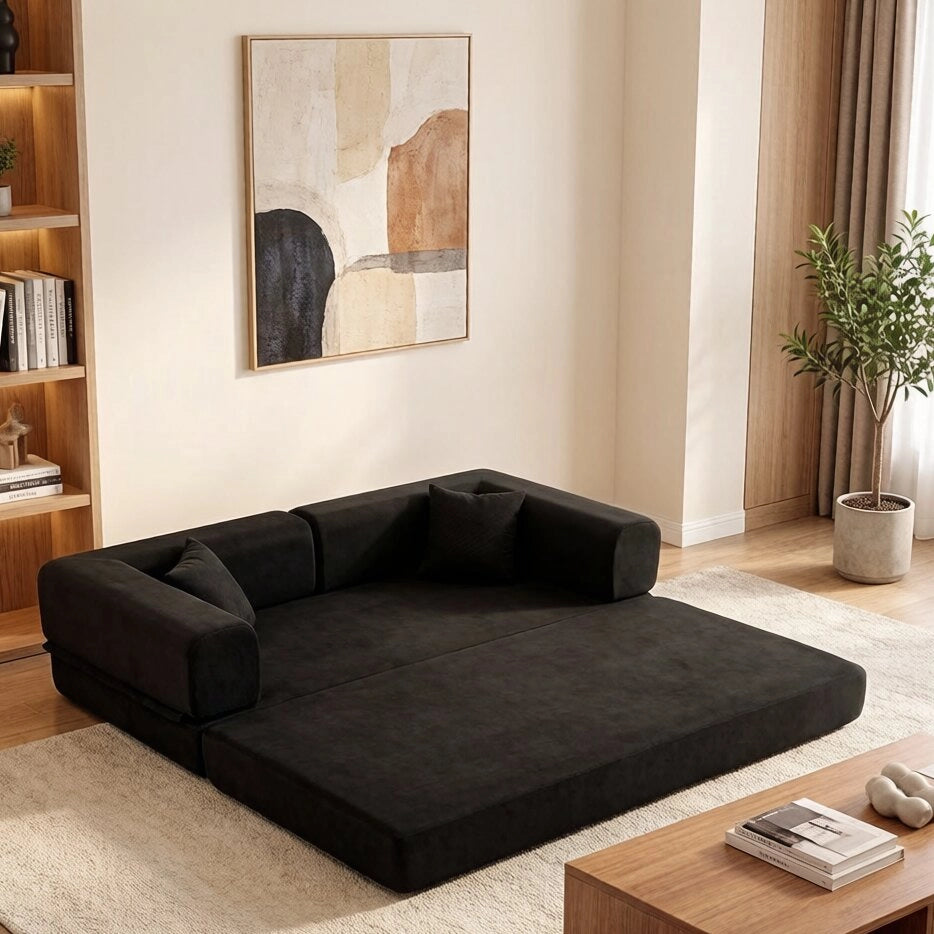Divano letto 3 posti - pieghevole con braccioli regolabili e cuscini - corduroy nero