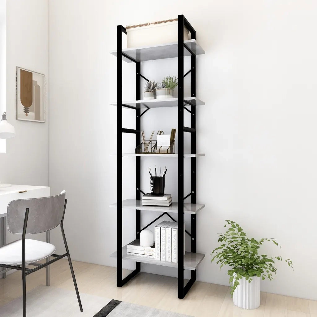 Libreria a 5 Ripiani-Scaffale per Libri-Mobile di Stoccaggio Grigio Cemento 60x30x175 cm in Multistrato