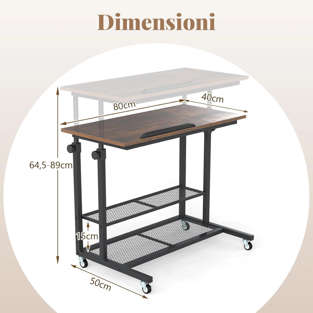 Tavolino da Divano e Letto, Tavolo Regolabile in Altezza con Ruote Bloccabili, Piano Inclinabile e Mensole Portaoggetti, Mobile Versatile per Salotto, Camera da Letto