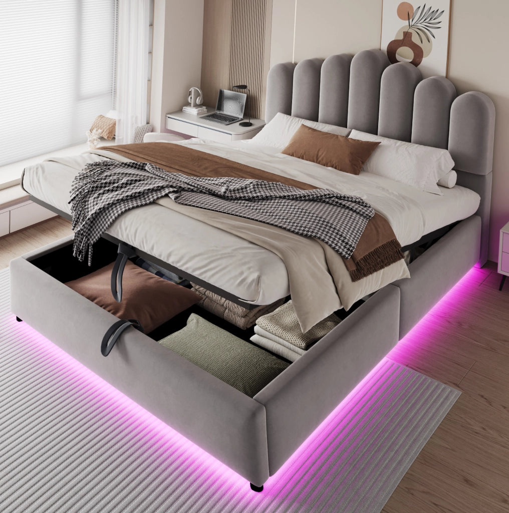 Letto imbottito 140x200 cm con contenitore; LED e testiera unica in velluto grigio