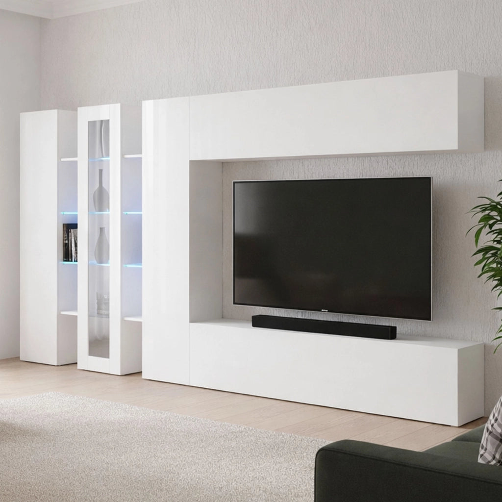 Ivano, Parete Attrezzata 20 Ripiani Made in Italy, 30x320x180h cm Bianco Lucido