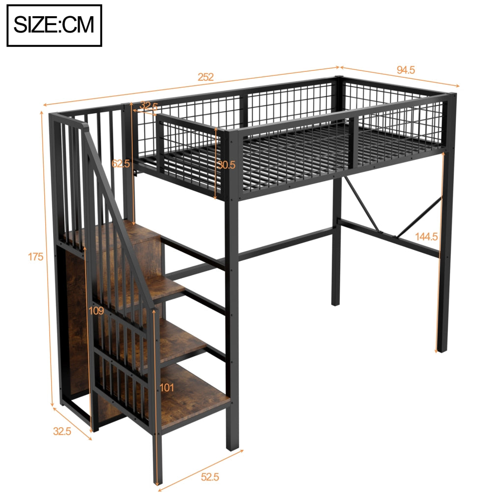 Letto a soppalco in metallo 90 x 200 cm con scala contenitore; LED e barriera; nero