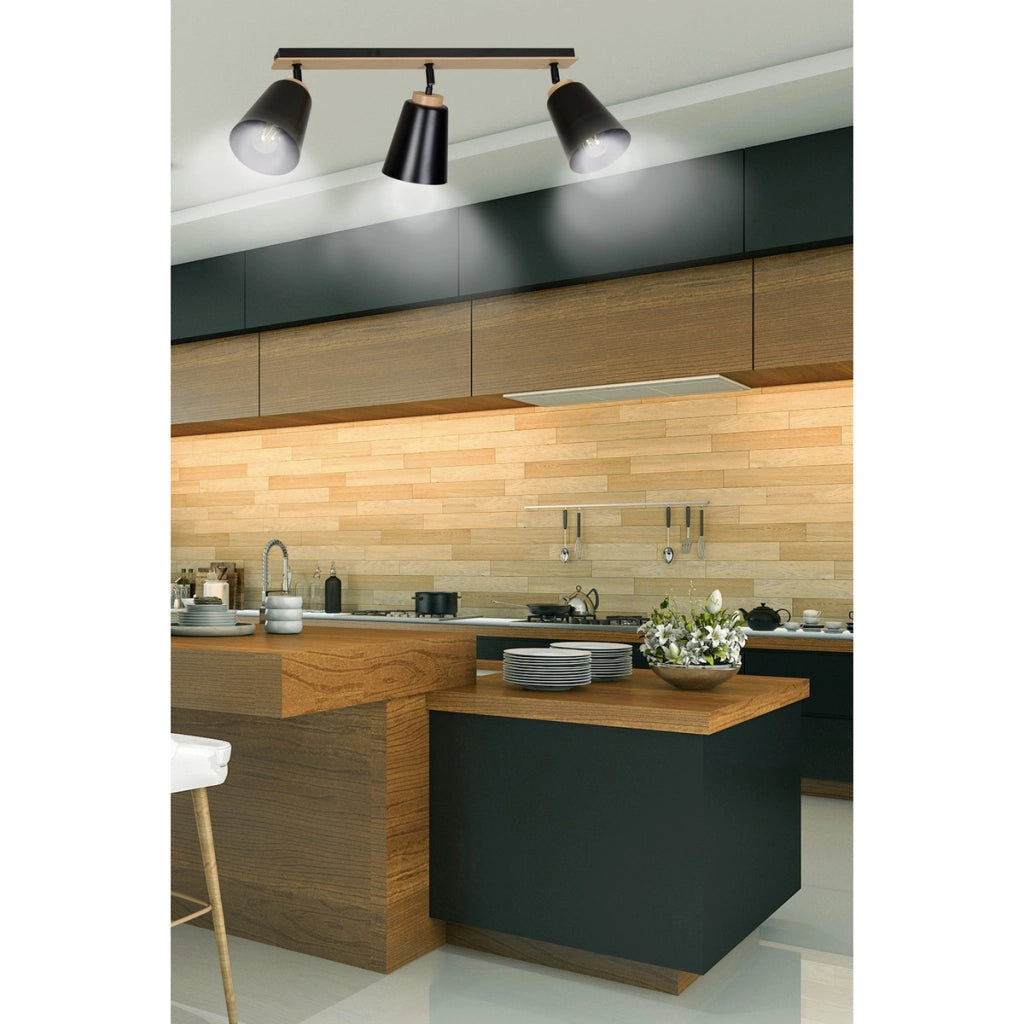 Faretto a soffitto ATLAS in acciaio nero opaco e legno