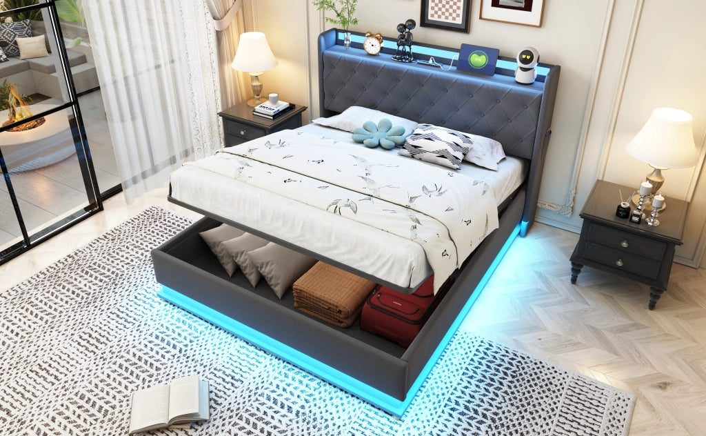 DESMIU Letto contenitore 140 × 200 cm 2 posti con LED, USB e vano idraulico, senza materasso, grigio