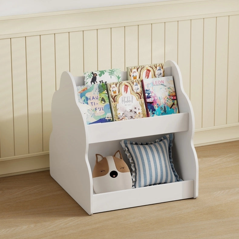 Libreria per bambini bifacciale su ruote in legno, bianca