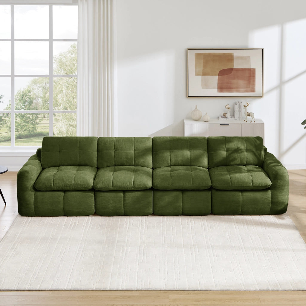 Divano modulare a 4 posti senza struttura con seduta ampia e profonda in ciniglia verde 334 × 97 × 68 cm