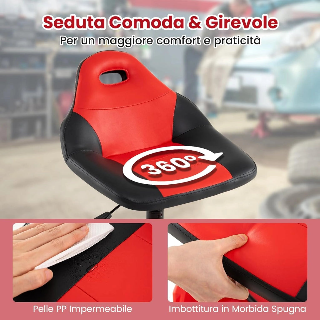 COSTWAY Sgabello da Officina con 5 Ruote, Sedia Meccanico Imbottita con Altezza Regolabile e Vassoio Porta Attrezzi, capacità di 185 kg, per Riparazione Auto, per Garage e Officina