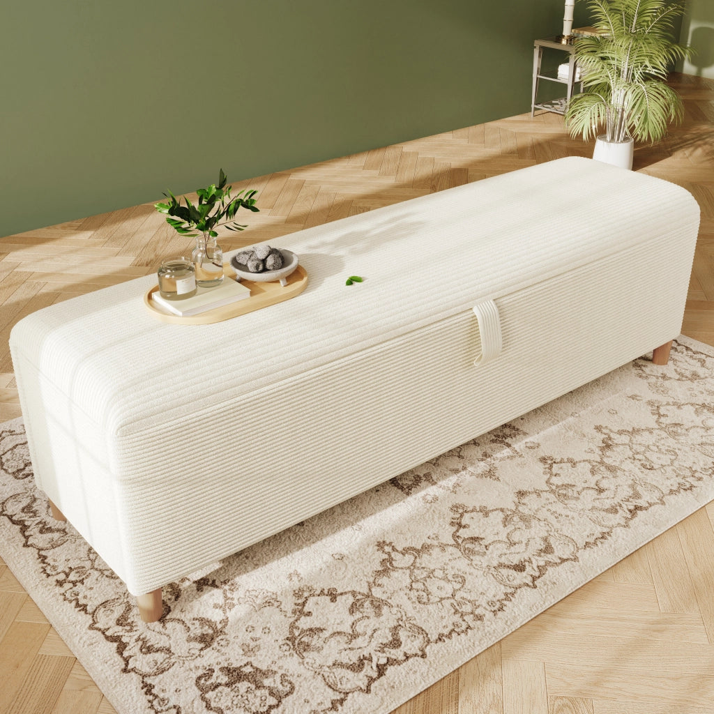 Panca Fondo Letto con Vano Contenitore Idraulico; Panca Imbottita per Camera e Ingresso; in Velluto a Coste Legno Beige
