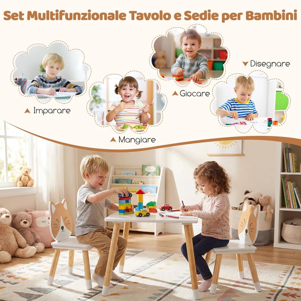 Set Tavolo e Sedie per Bambini 3+ Anni, Set Tavolino e Sedia in Legno a Forma di Gattino, Angoli Arrondati, Sedia Ergonomica con Schienale, Ideale per Giocare, Disegnare e Leggere