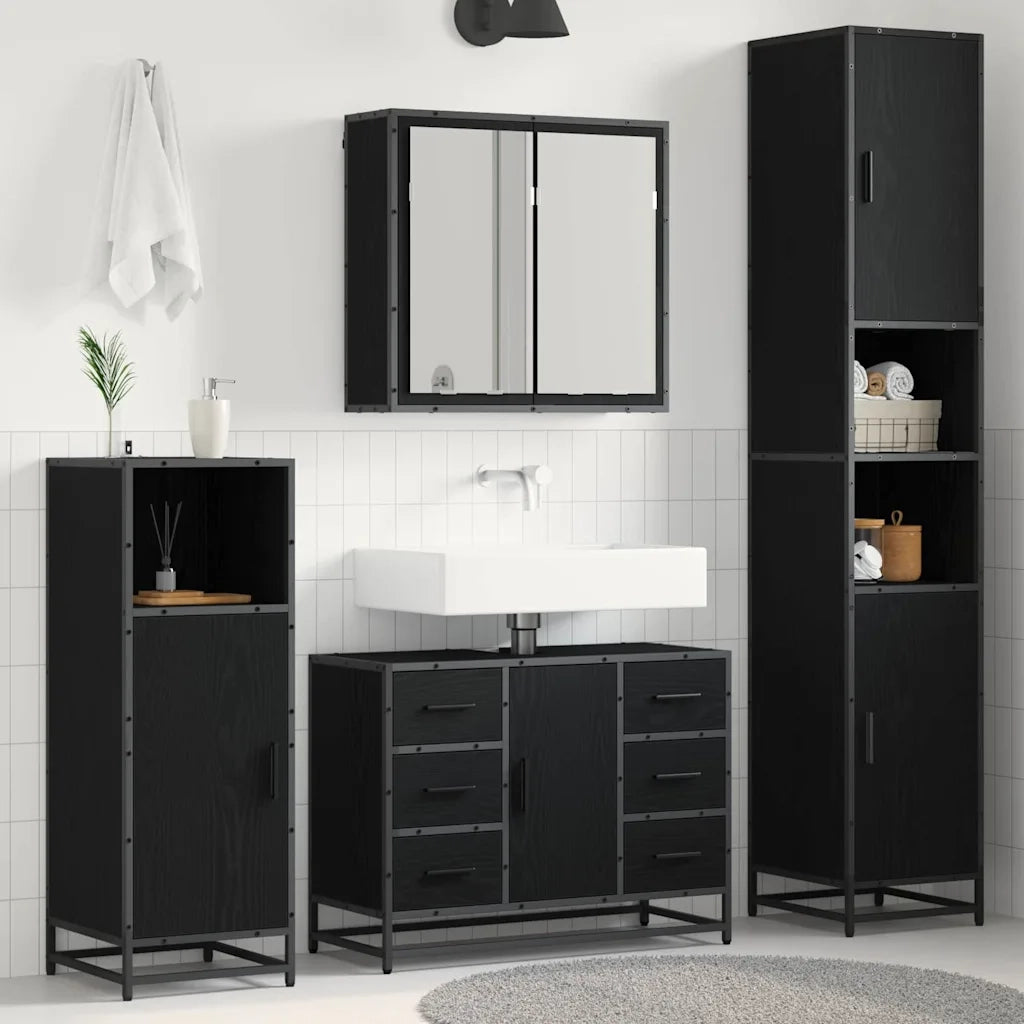 Set di mobili per il bagno 4 pcs Rovere Nero Legno multistrato 3402316