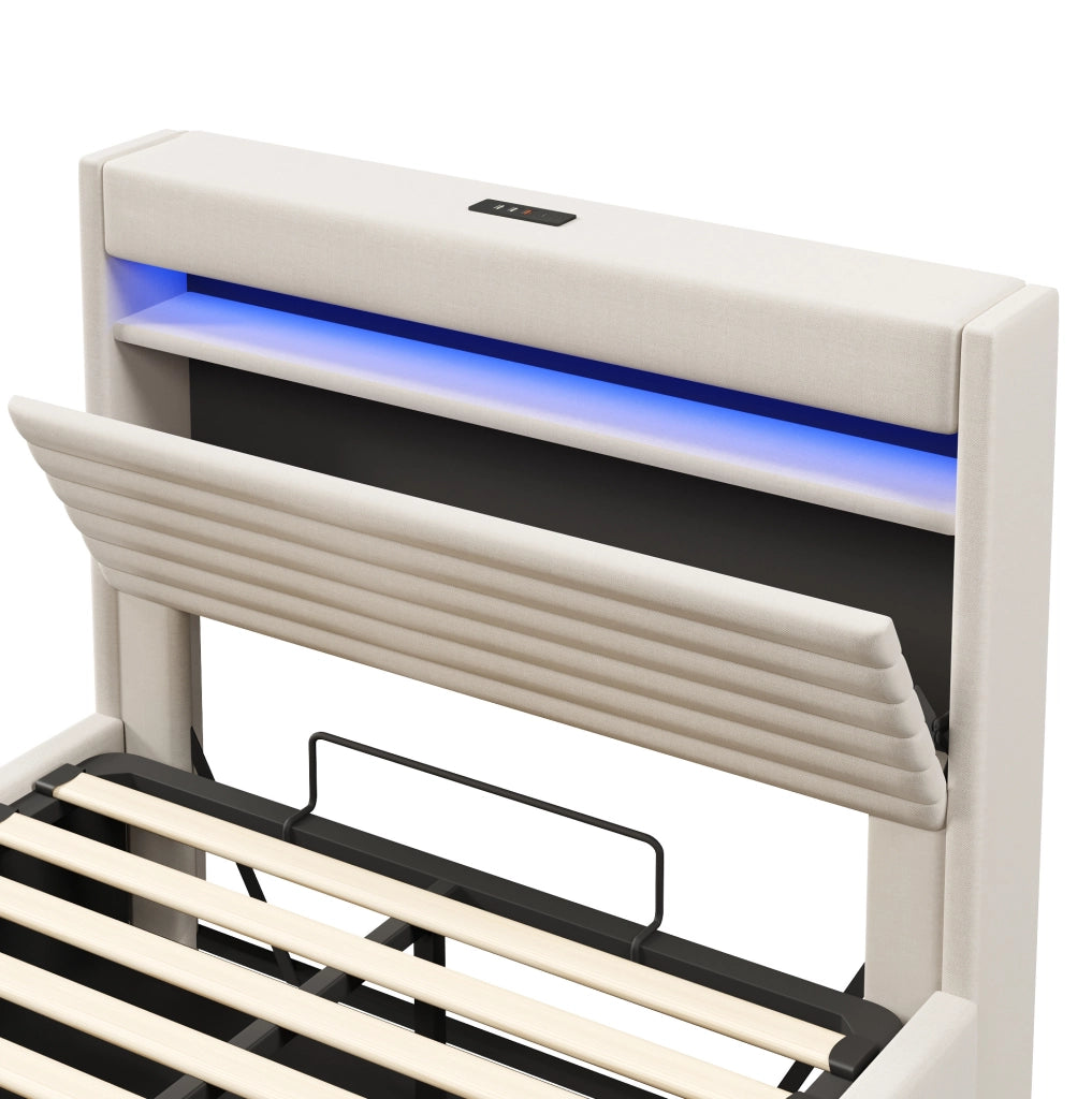 Letto imbottito con contenitore, LED e ricarica USB-C, 140 x 200 cm