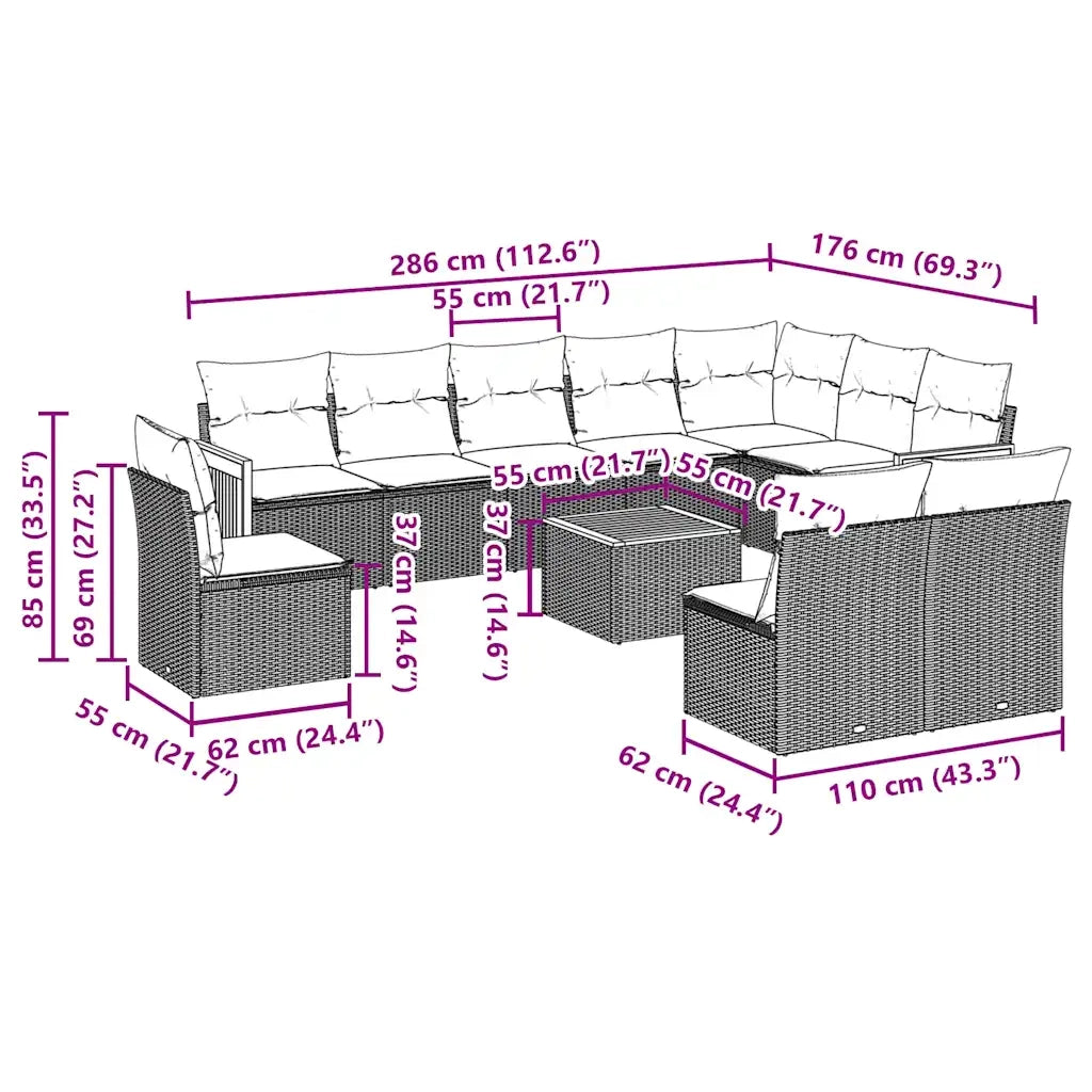 Set Divani da Giardino 11 pz con Cuscini in Polyrattan Nero