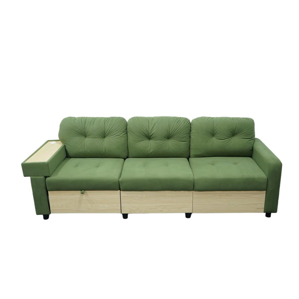 Divano angolare modulare con chaise longue, contenitore e USB in velluto verde