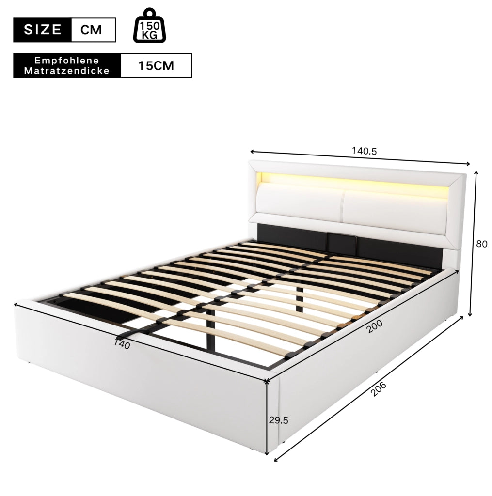 Letto imbottito con luce LED e contenitore 140 x 200 cm bianco