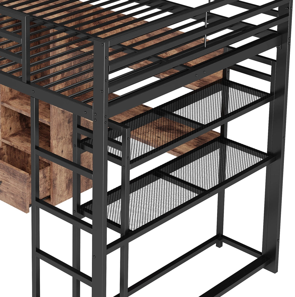Letto a soppalco 140x200 cm con LED; scrivania; cassetto e mensole in MDF e metallo
