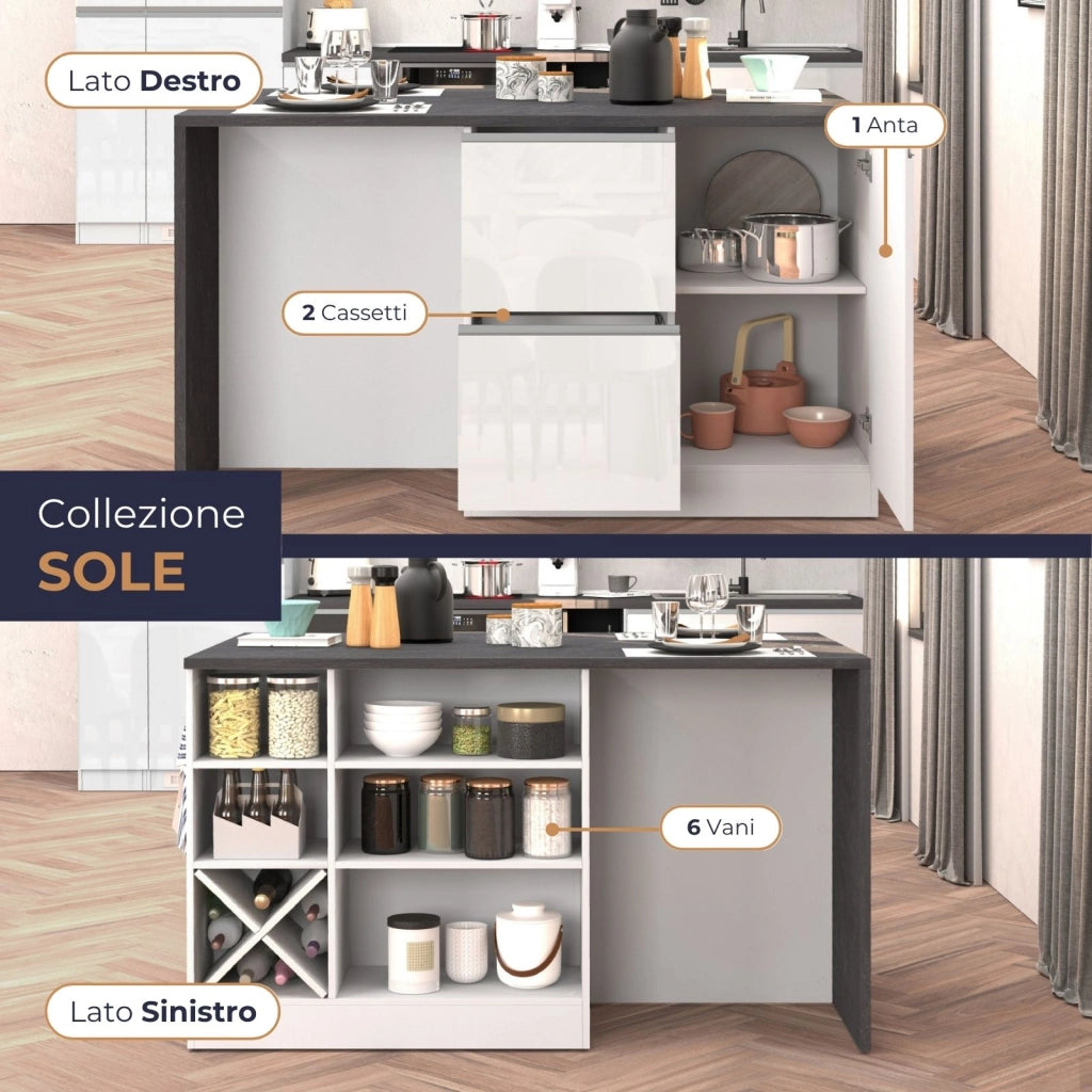 WHOUS Isola da cucina Sole con 1 anta 2 cassetti e 6 vani bianco lucido/report 153x90x91 cm