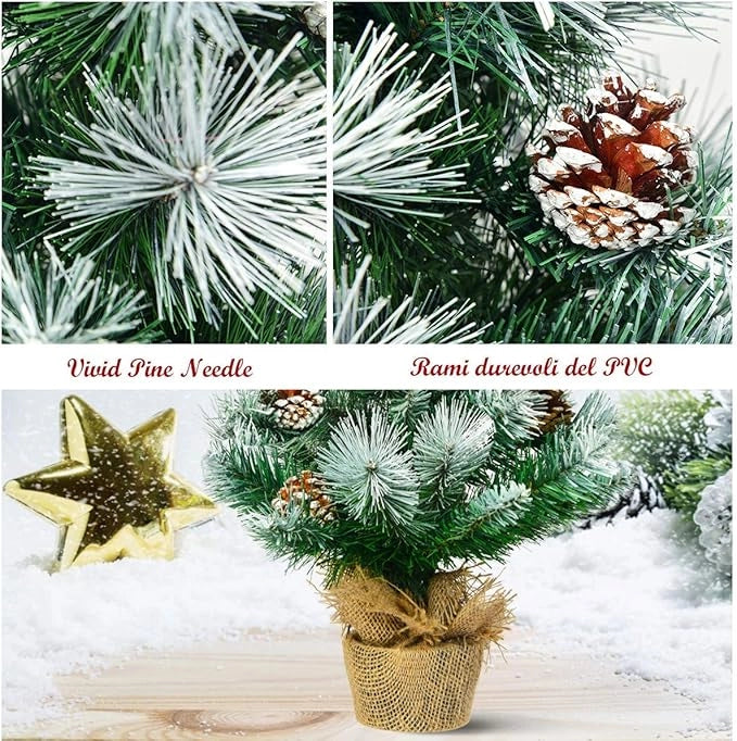 Mini Albero di Natale 60 cm, Albero di Natale Piccolo con 48 Rami, 8 Pigne, Base in Cemento e Lino, Albero di Natale Innevato da Tavolo per Casa e Ufficio, Verde