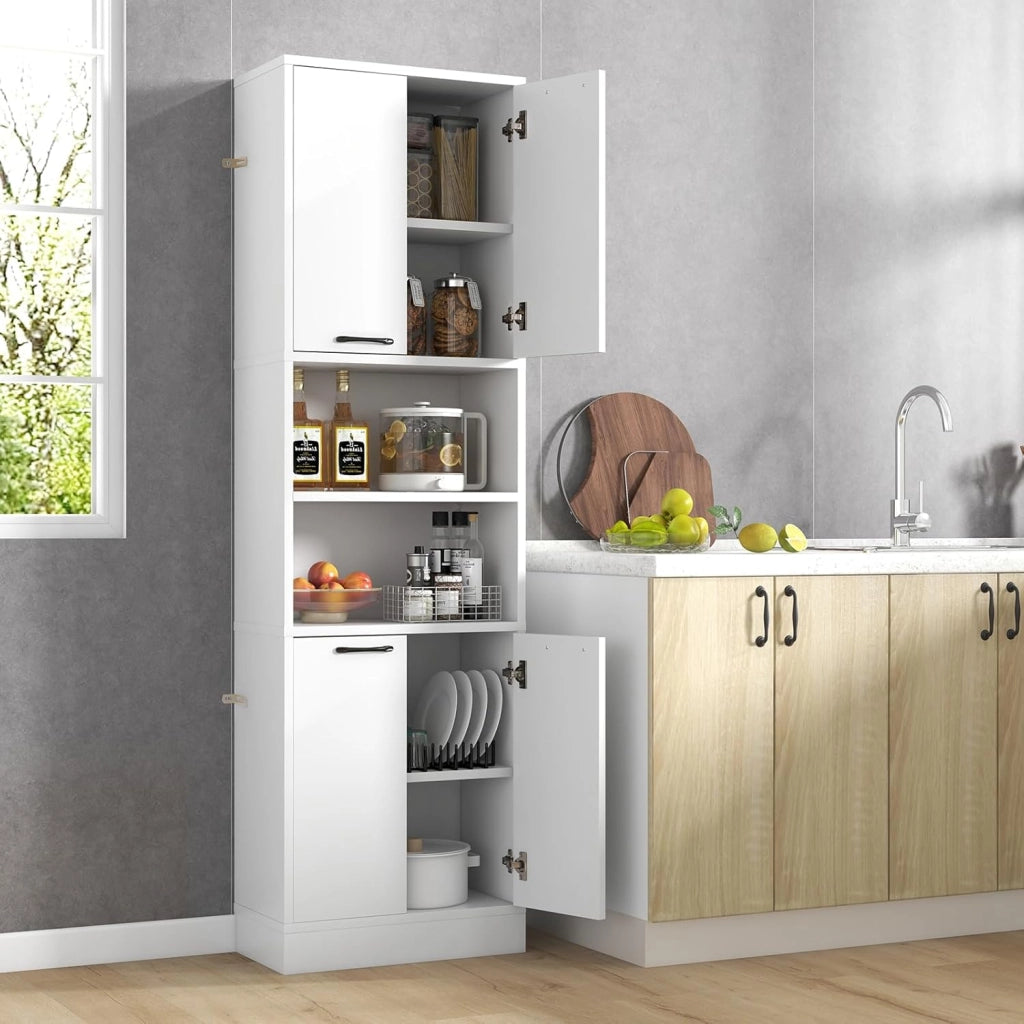 Credenza da Cucina Alta 190 cm con 4 Ante, 2 Scomparti Aperti e 6 Ripiani, 4 Kit Antiribaltamento, Armadio Portaoggetti per Cucina e Bagno