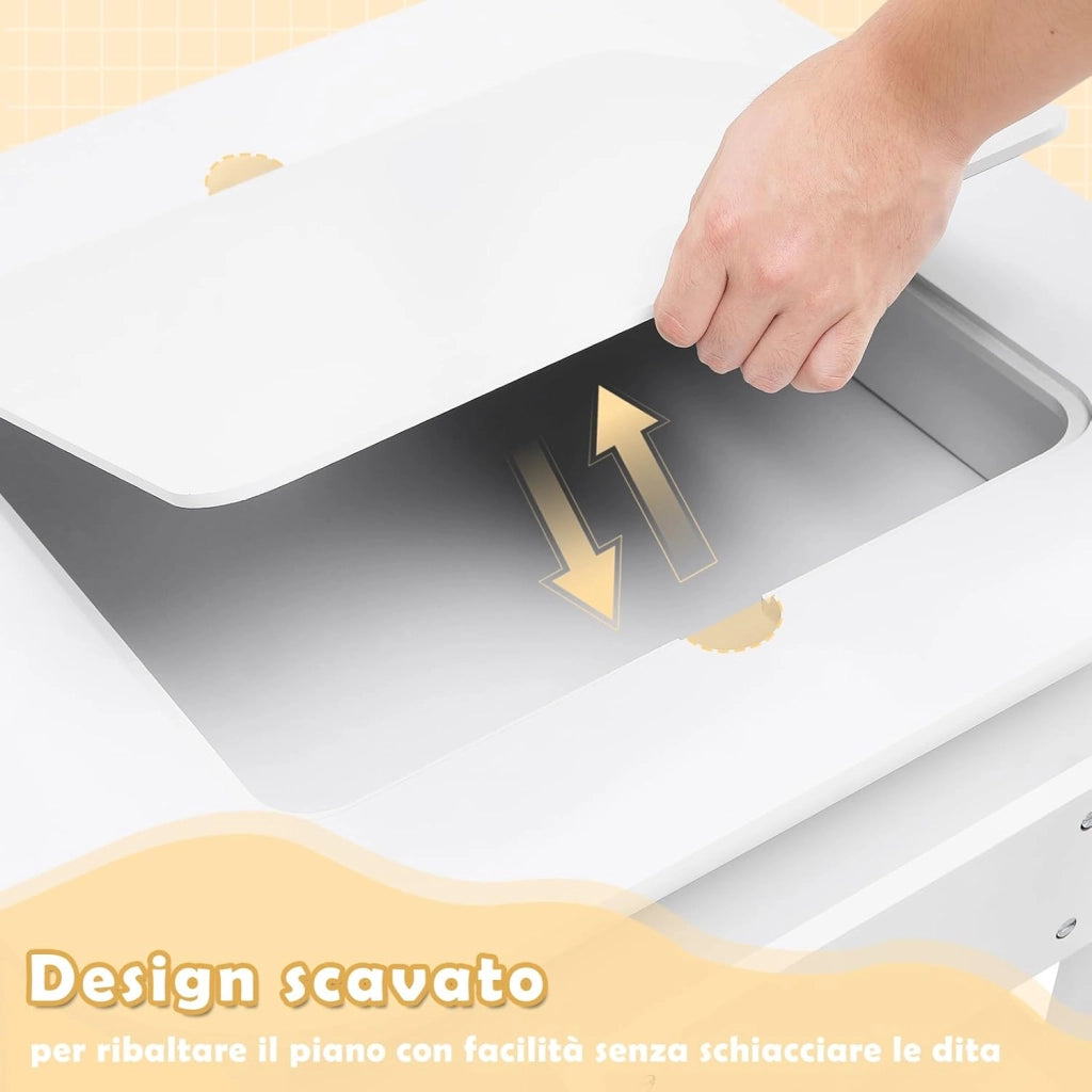 Tavolino per Bambini con Sedie, Set di Tavolo con Lavagna e Contenitore, Mobile per Cameretta dei Bambini, Asilo, Scuola Materna, Piano Ribaltabile
