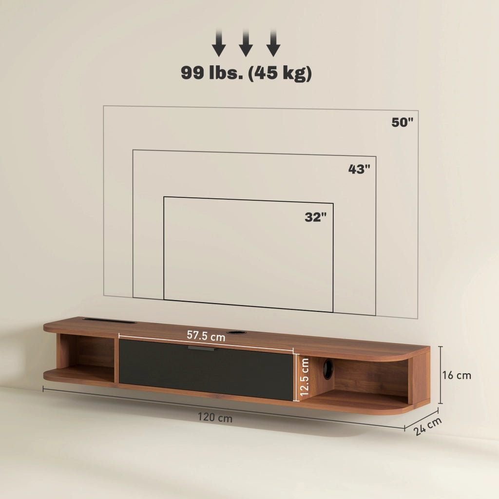 Mobile Porta TV fino 50" Sospeso con Cassetto-Credenza  per TV,2 Ripiani Aperti e Foro Passacavi,120x24x16 cm,Noce
