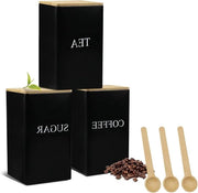 Set di 3 contenitori in metallo nero per cucina con coperchio in bambù e cucchiaio per zucchero, caffè e tè