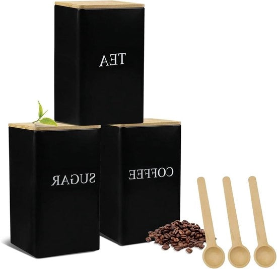Set di 3 contenitori in metallo nero per cucina con coperchio in bambù e cucchiaio per zucchero, caffè e tè