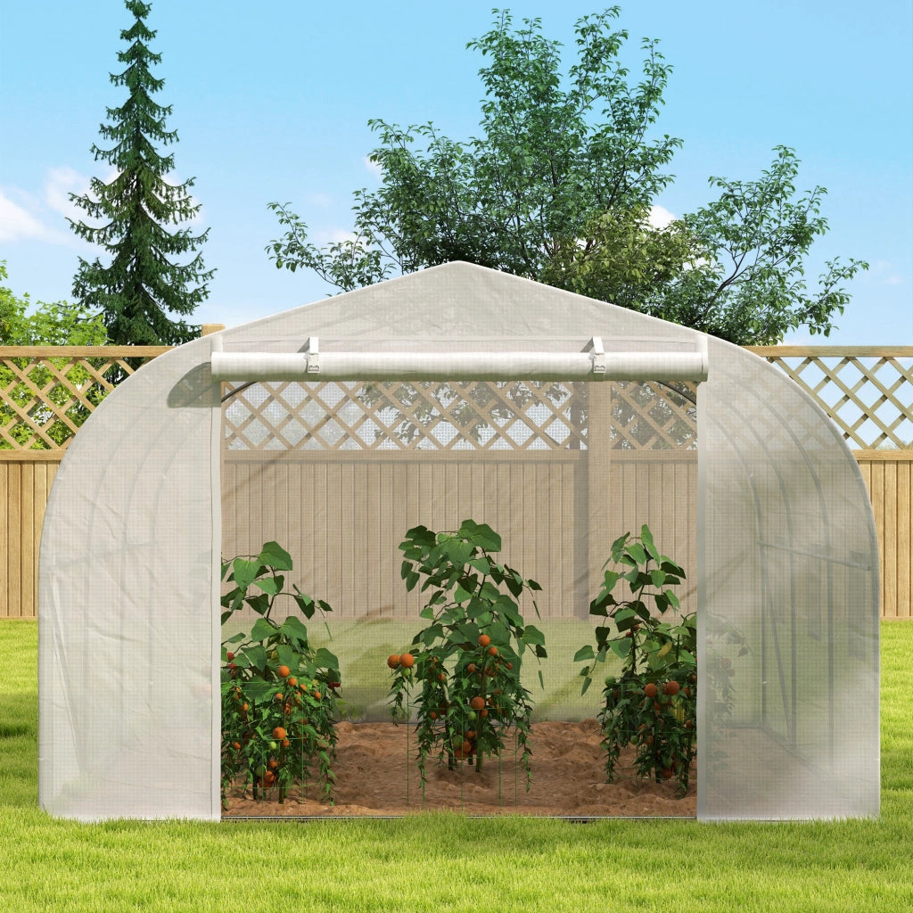 Serra a Tunnel da Giardino con 6 Finestre e Porta a Rullo 3,5x3x2 m in Acciaio e PE Bianco