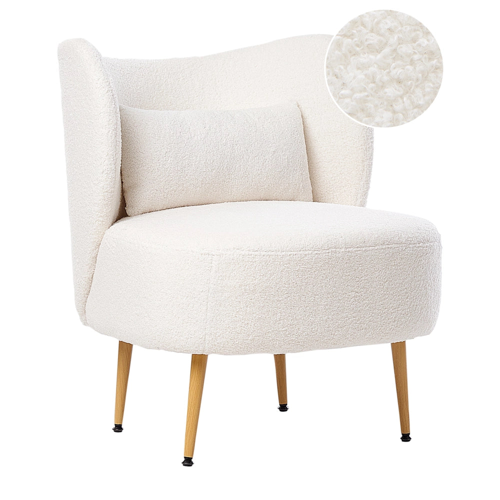Poltrona Bianco sporco Boucle Tessuto Morbido Nubby Legno Chiaro Gambe Metallo Schienale Curvo Stile Retro Glam Art Decor