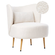 Poltrona Bianco sporco Boucle Tessuto Morbido Nubby Legno Chiaro Gambe Metallo Schienale Curvo Stile Retro Glam Art Decor
