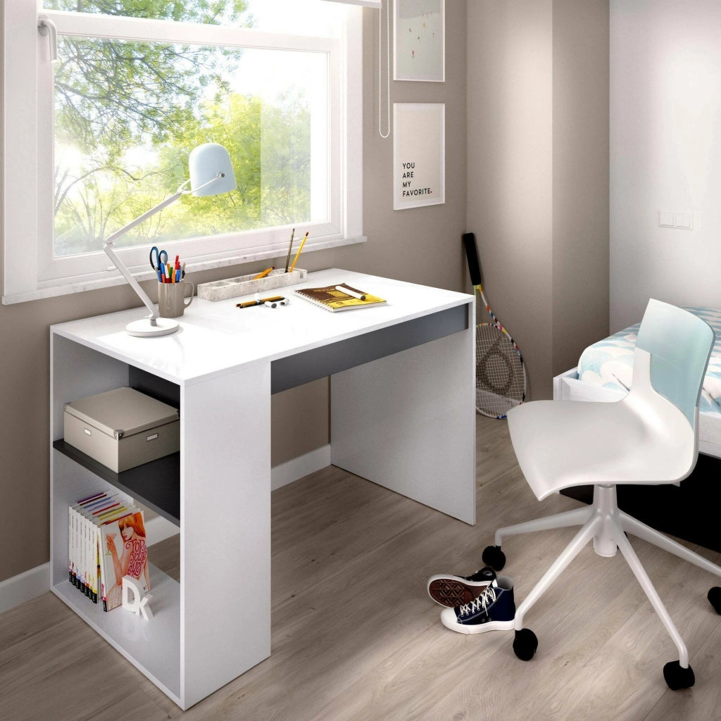 Scrivania Arianella, Scrittoio multiuso da ufficio o cameretta, Tavolo da studio lineare con scaffali, 115x50h74 cm, Bianco e Antracite