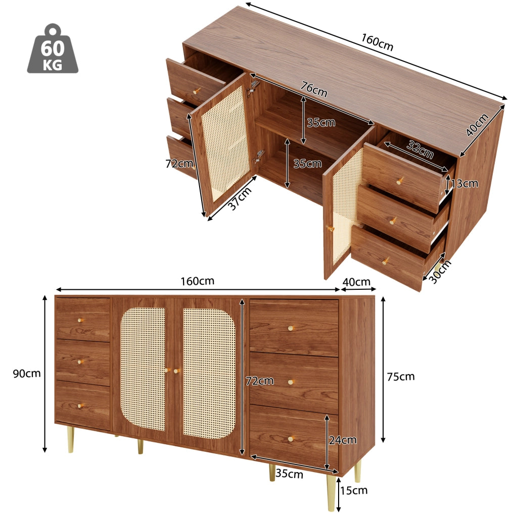 Sideboard in MDF con ante in rattan, 160x40x90 cm