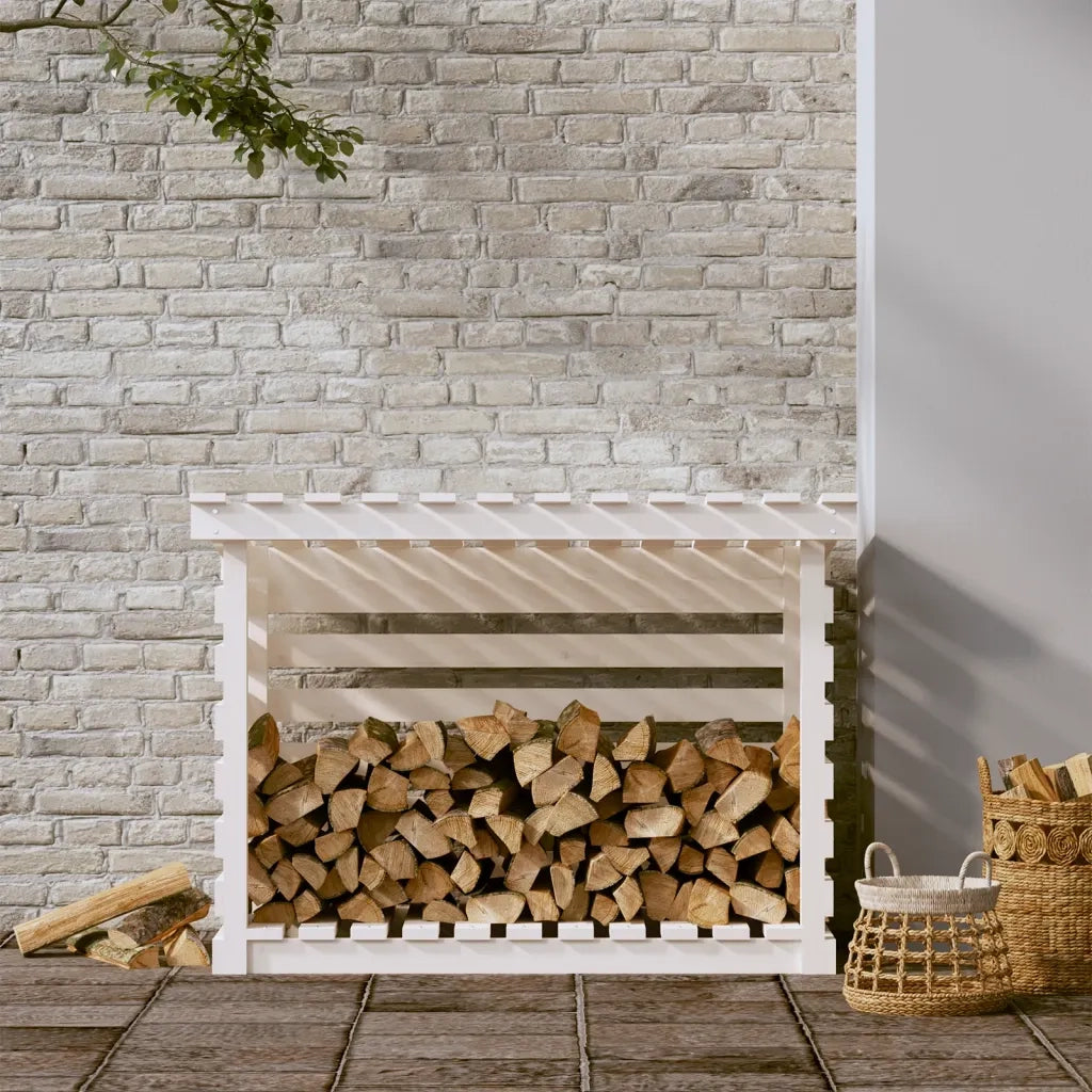Portalegna-Scaffale per Legna Bianco 108x73x79 cm in Legno Massello di Pino