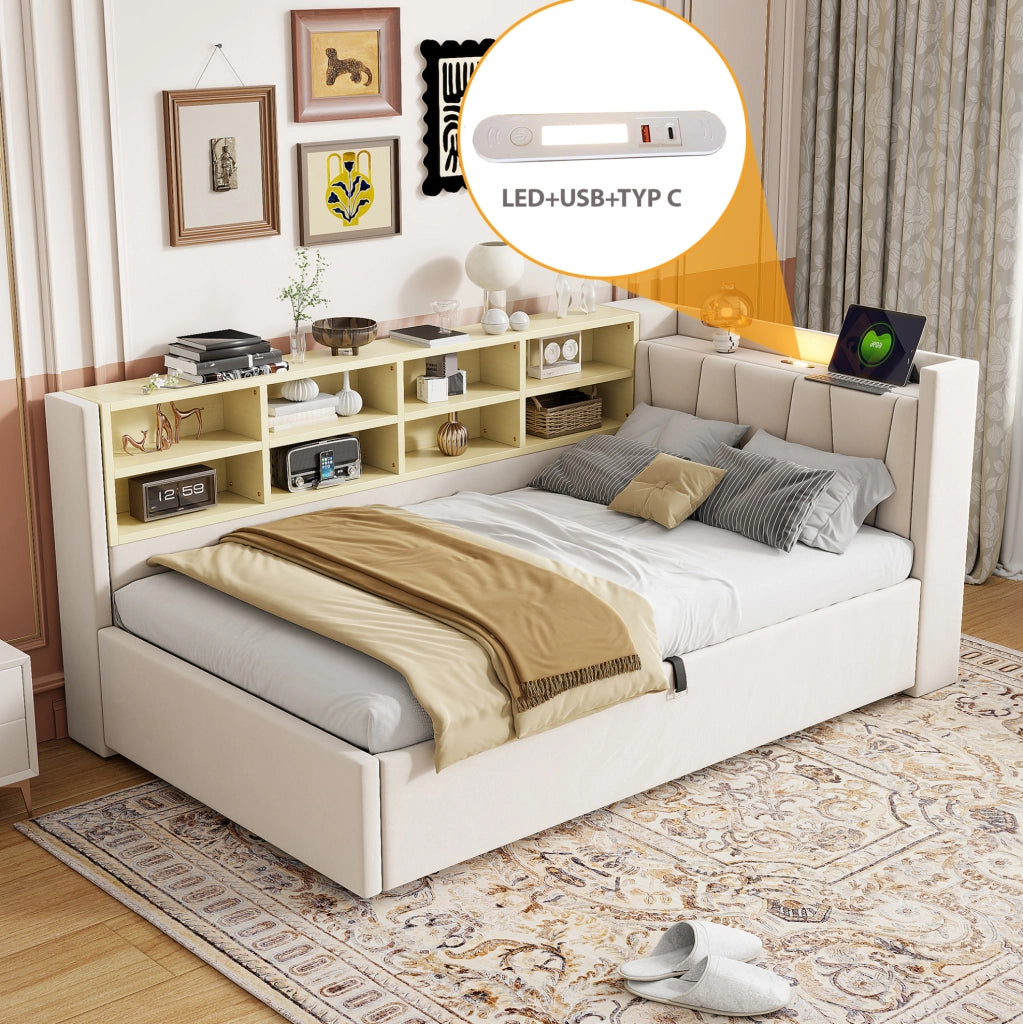 Letto imbottito singolo 90x200 cm in velluto beige con contenitore idraulico; USB e Type-C