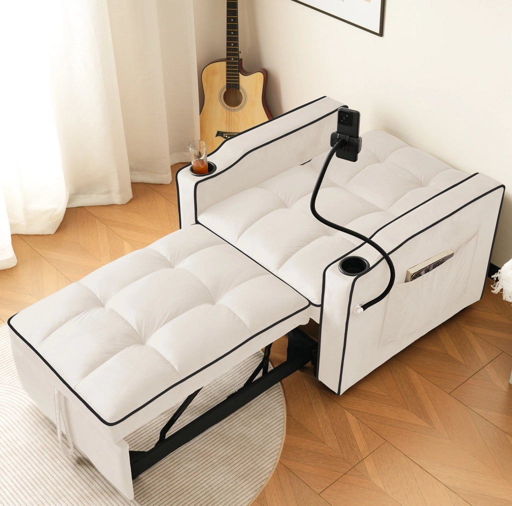 Poltrona letto singola estraibile 3 in 1 in velluto beige 83 x 167 x 76 cm