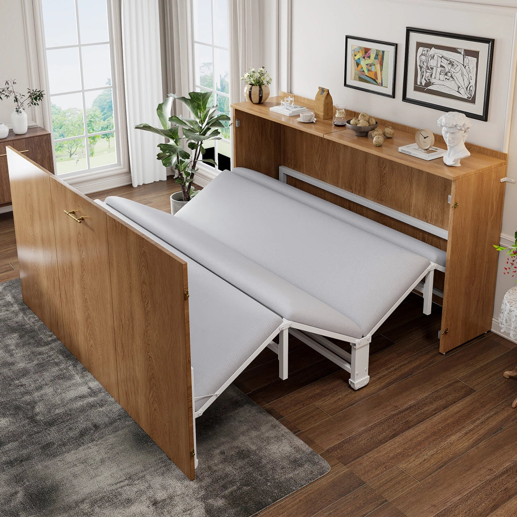 Letto a scomparsa 140 × 200 cm con materasso in lino, struttura in metallo e ruote silenziose, colore legno