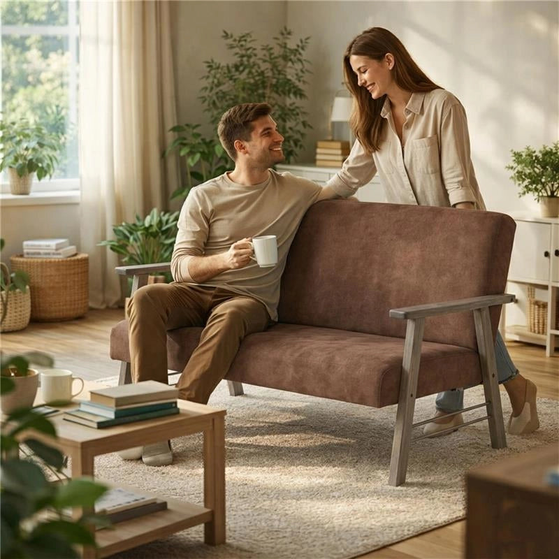 DIVANO ORTIGIA DA ARREDO IN LEGNO GRIGIO OLMO E IN TESSUTO COLOR TORTORA 106X77X91H CM