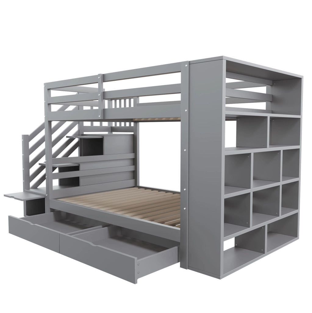 Letto a castello 90x200 cm in legno di pino con scala contenitore e vani portaoggetti; grigio