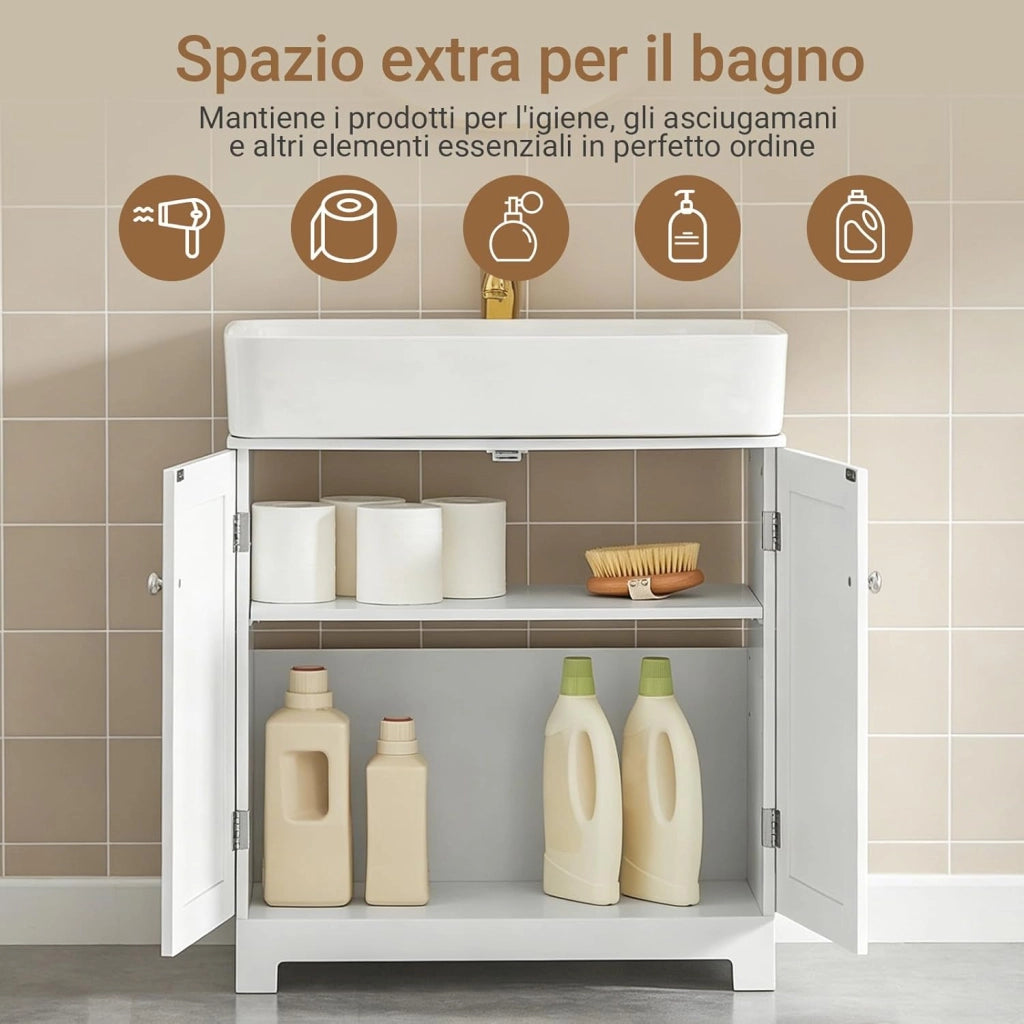 Mobile Bagno Sottolavabo – Mobiletto Bagno Salvaspazio con Ante e Ripiano Regolabile – Mobile sotto Lavabo da Bagno in MDF, Bianco, 60x60x29cm, BZR18-W