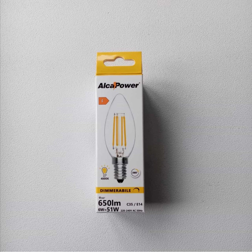 Alca power c35 6w 220v 650lm 4000k e14 lampada oliva a filamento dimmerabile a led