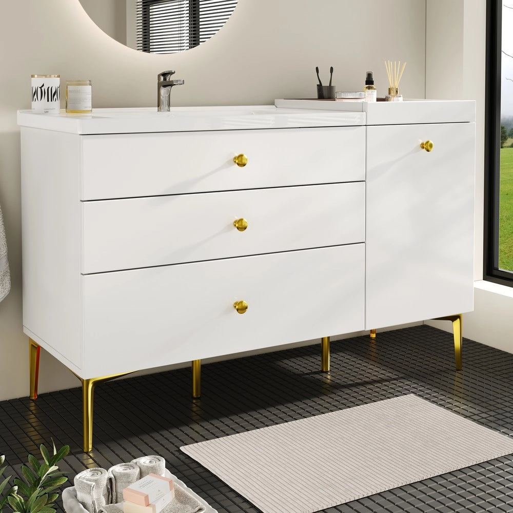 Mobile da Bagno con Lavabo in Ceramica, Cassetti e Ante ¨C Xylo ¨C Bianco e Oro
