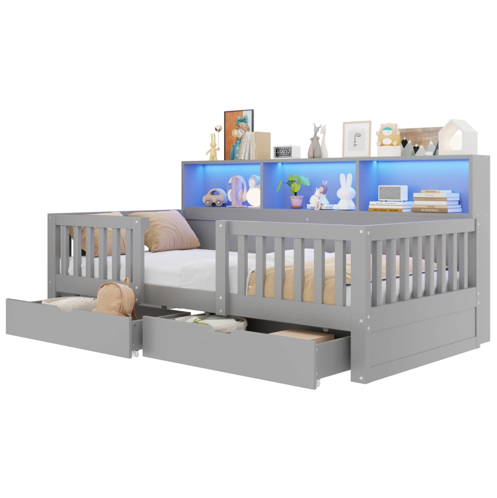 Letto per bambini 90x200 cm con sponda di sicurezza; 2 cassetti; mensole e LED; grigio