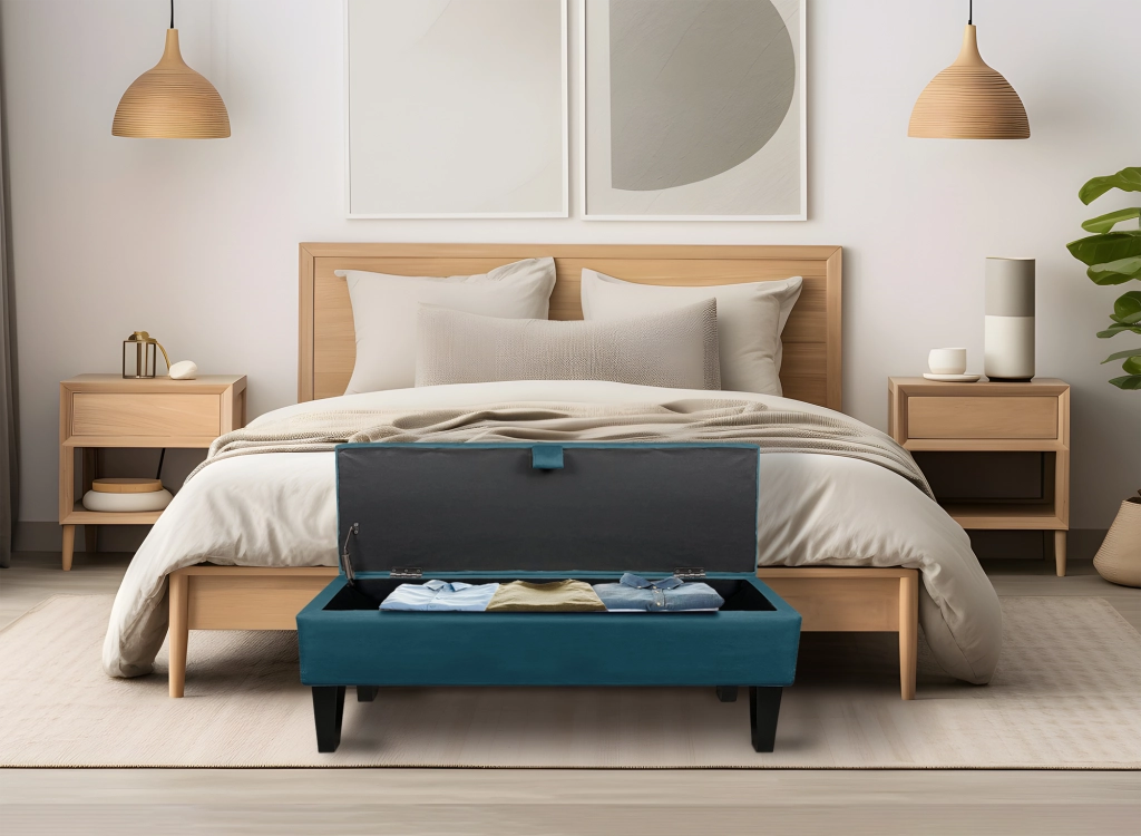 Divanetto In Velluto Panca Contenitore Pouf PortaOggetti Panca Sgabello A Pie Di Letto Cassapanca Ingresso Legno Massello Panchina - Petrolio