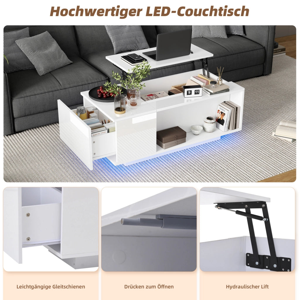 Tavolino da caffè alzabile 100x50x40 cm con contenitore; cassetto e LED Bluetooth; bianco