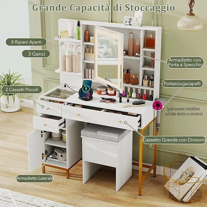 Toeletta da Trucco con Luci, Set Tavolo e Sgabello da Trucco con Stazione di Ricarica, Luci a LED a 3 Colori, Armadietto a Specchio, 3 Cassetti, Supporto per Asciugacapelli