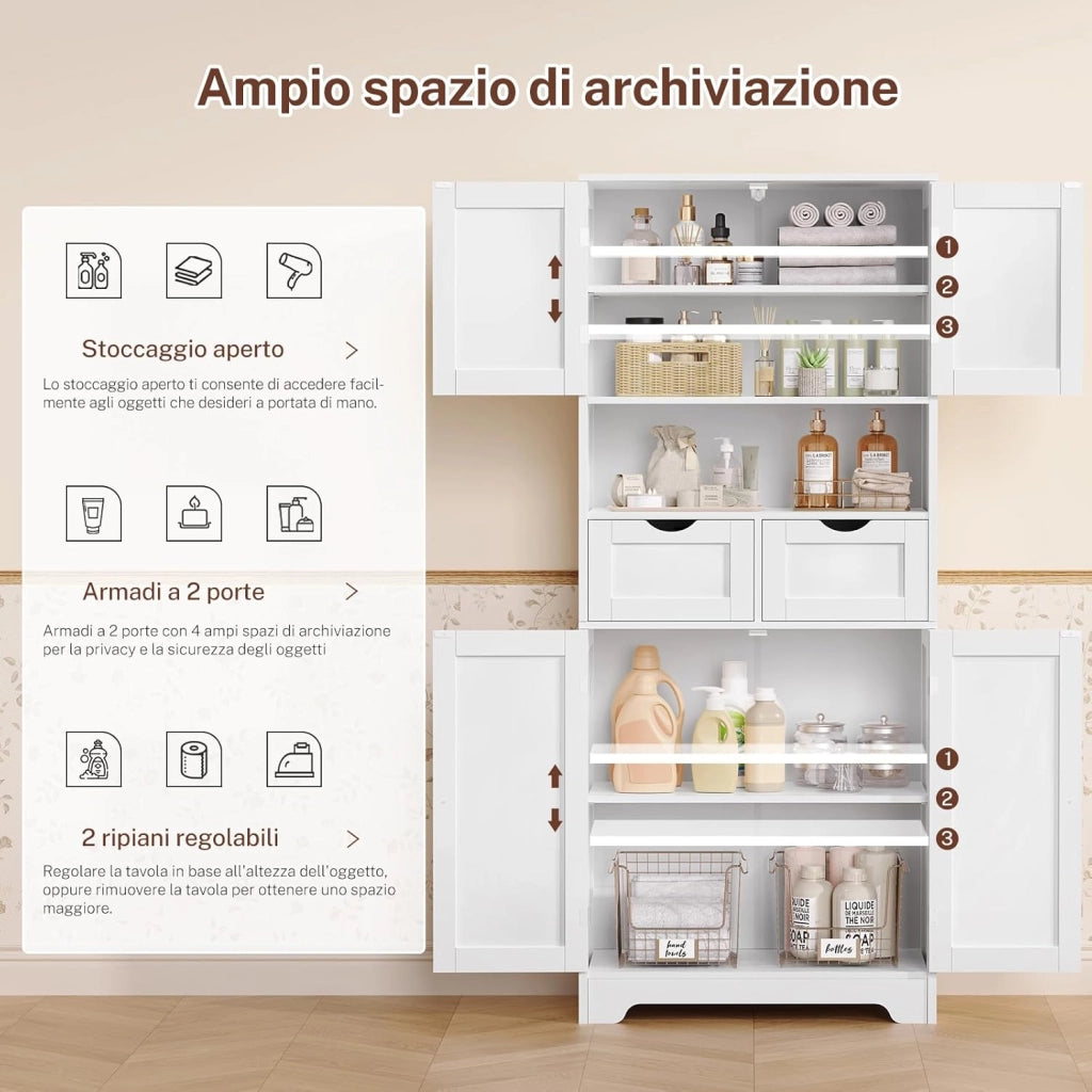 Mobile alto da bagno con 2 ripiani aperti, 2 cassetto, credenza multiuso, 60 x 30 x 147 cm, bianco