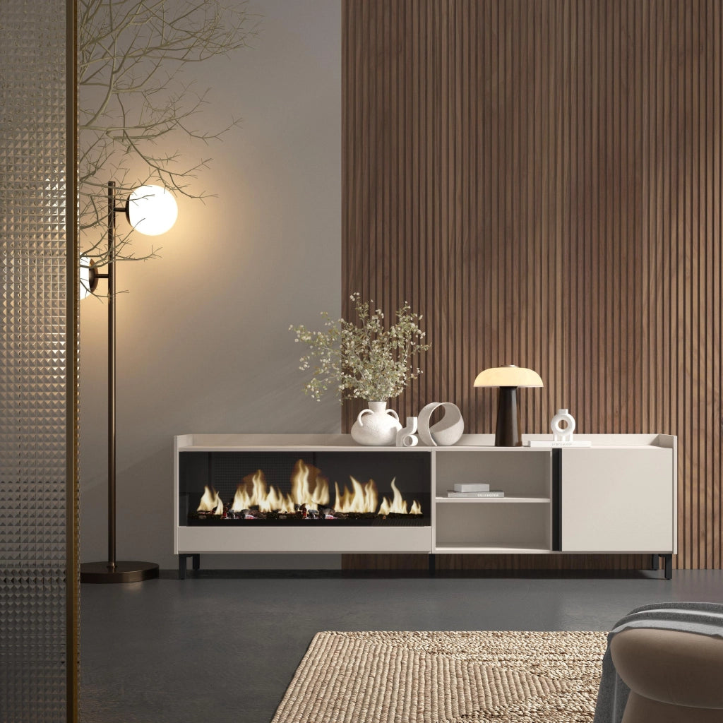 Mobile TV Soggiorno, 212x61x35 cm, Per TV fino a 80", Camino elettrico XXL, Design industriale, Beige